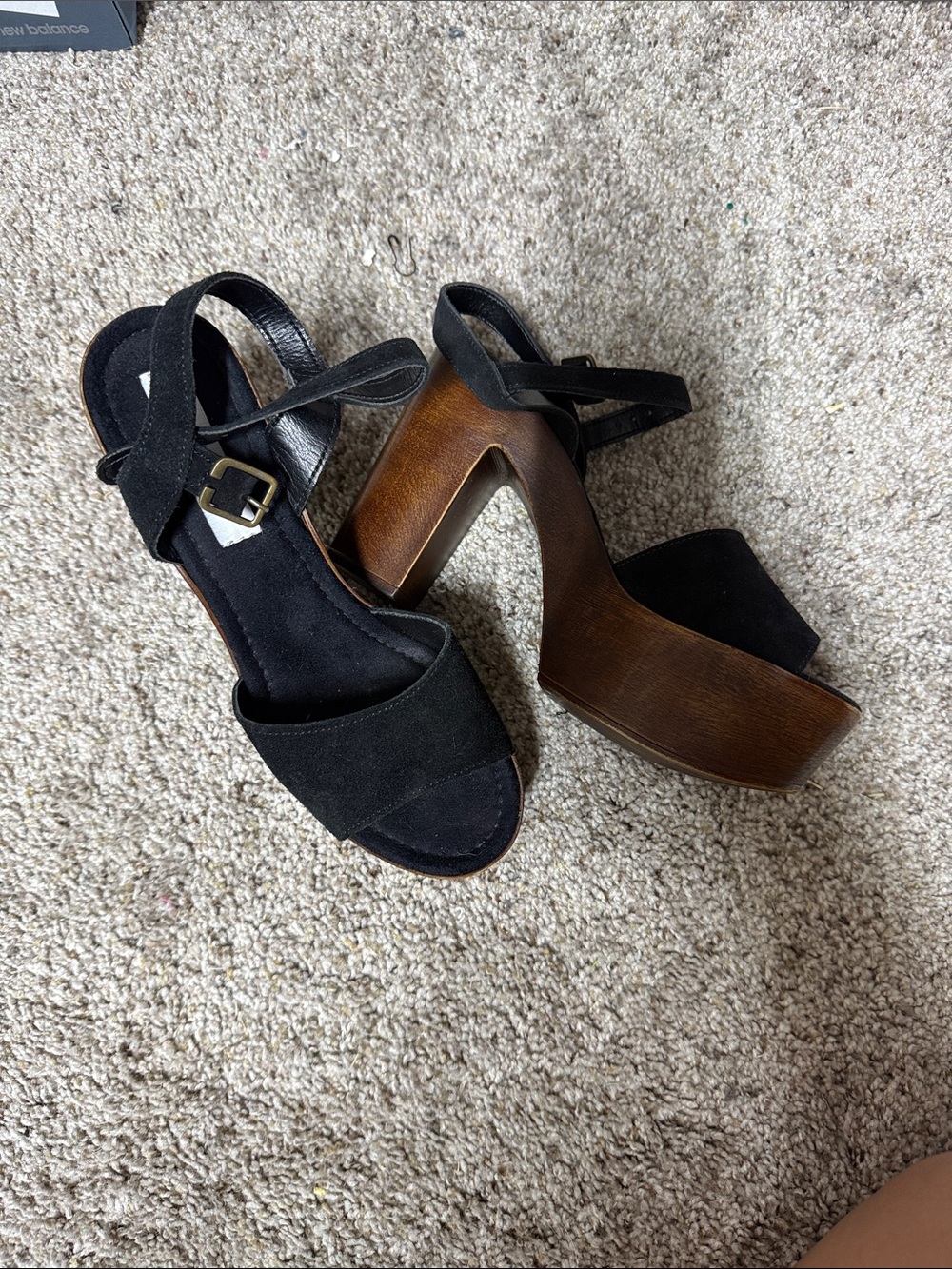 Steve Madden Black Suede Platform Sandals with Brown Wood Heel